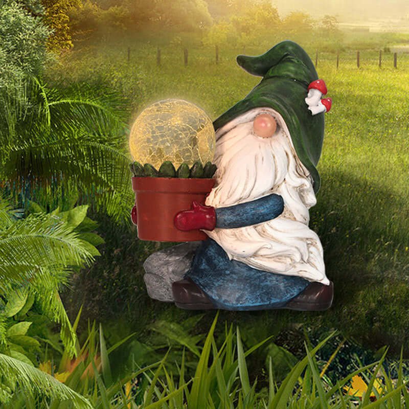 Whimsical garden gnome with glowing orb and green hat on grass, adds European charm to your courtyard with resin durability.