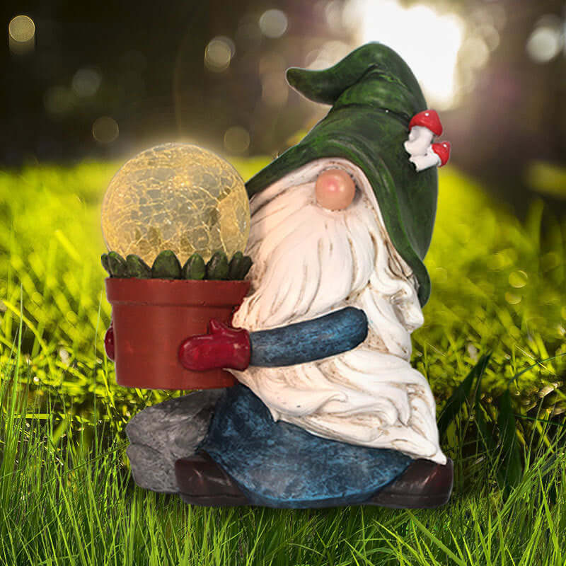 Whimsical garden gnome with glowing orb and green hat on grass, adds European charm to your courtyard with resin durability.