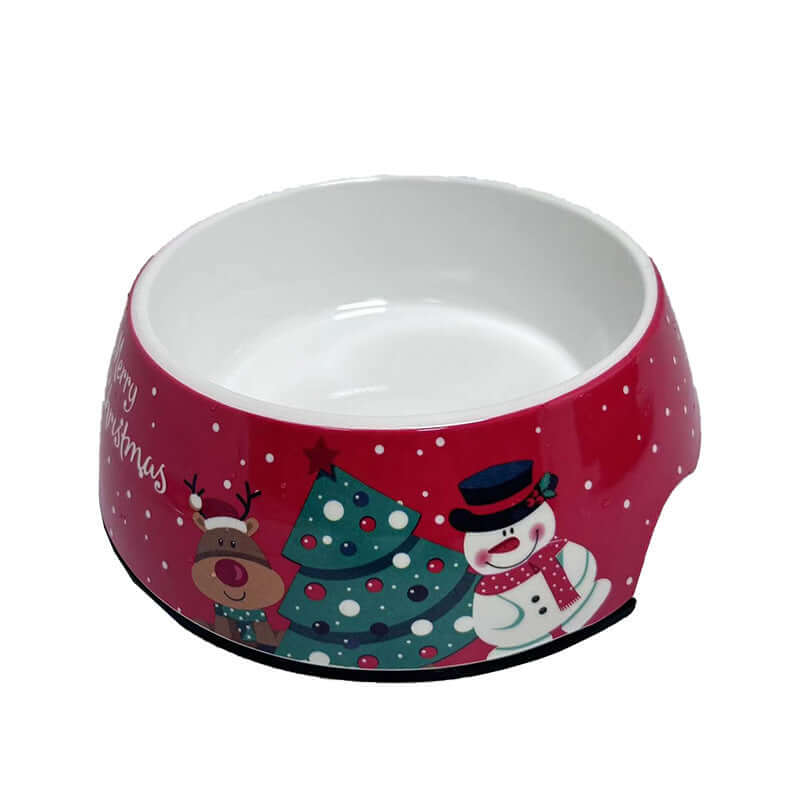 Festive Christmas pet bowl with holiday design, perfect for pets, featuring a snowman and reindeer, durable and available in multiple sizes.