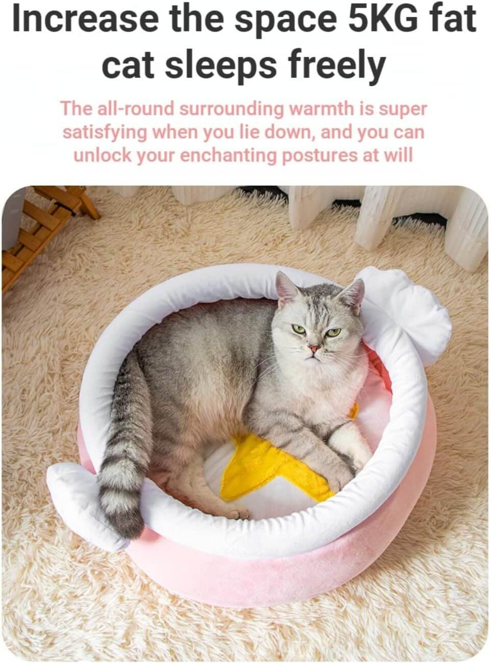 Cat lounging in a honey pot-shaped warm, soft pet bed with comfortable soft fabric and creative design.