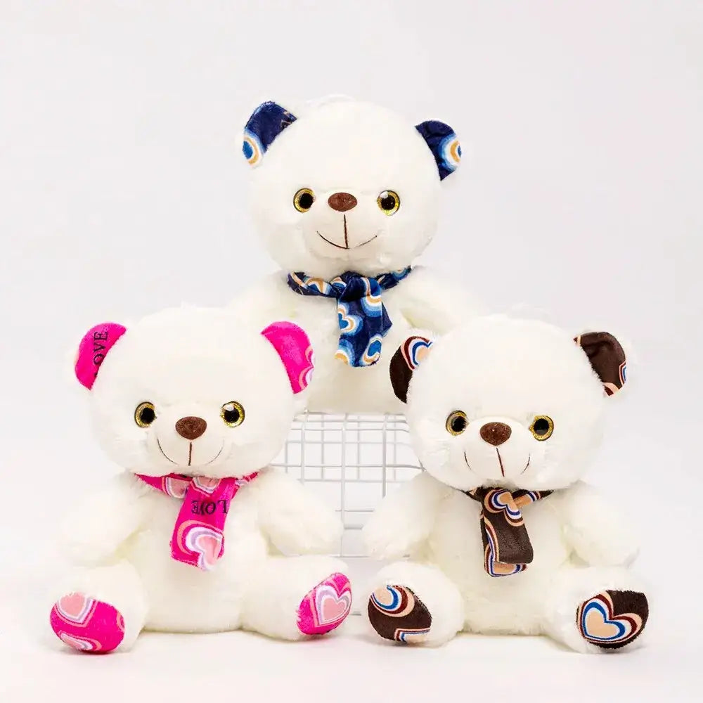 Three cute white teddy bears with colorful scarves, perfect soft stuffed toys for kids.