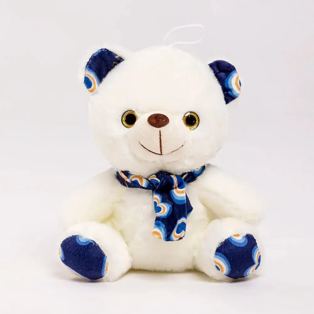 Cute teddy bear plush toy with scarf, soft and cuddly, perfect for hugs and gifts.