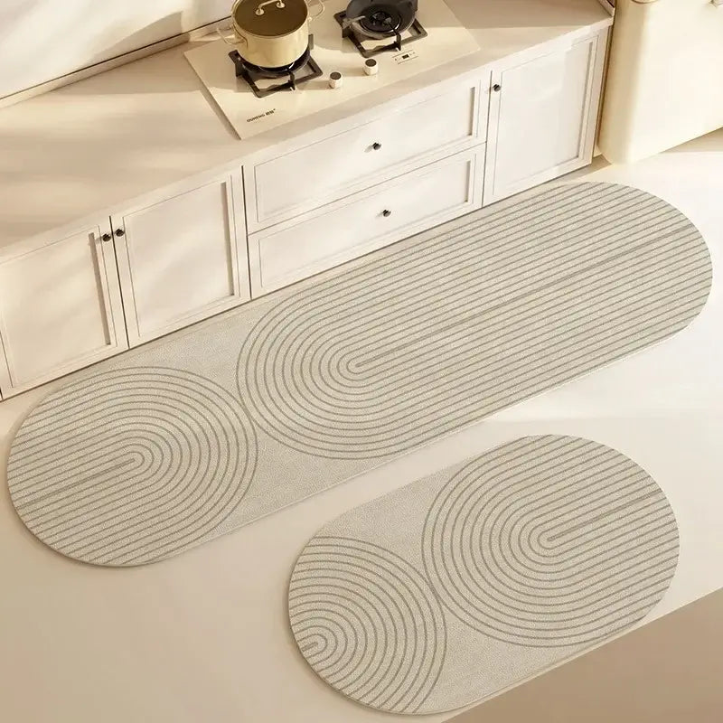 Stylish diatomite absorbent anti-slip rugs in a modern kitchen setting, offering comfort and easy maintenance.