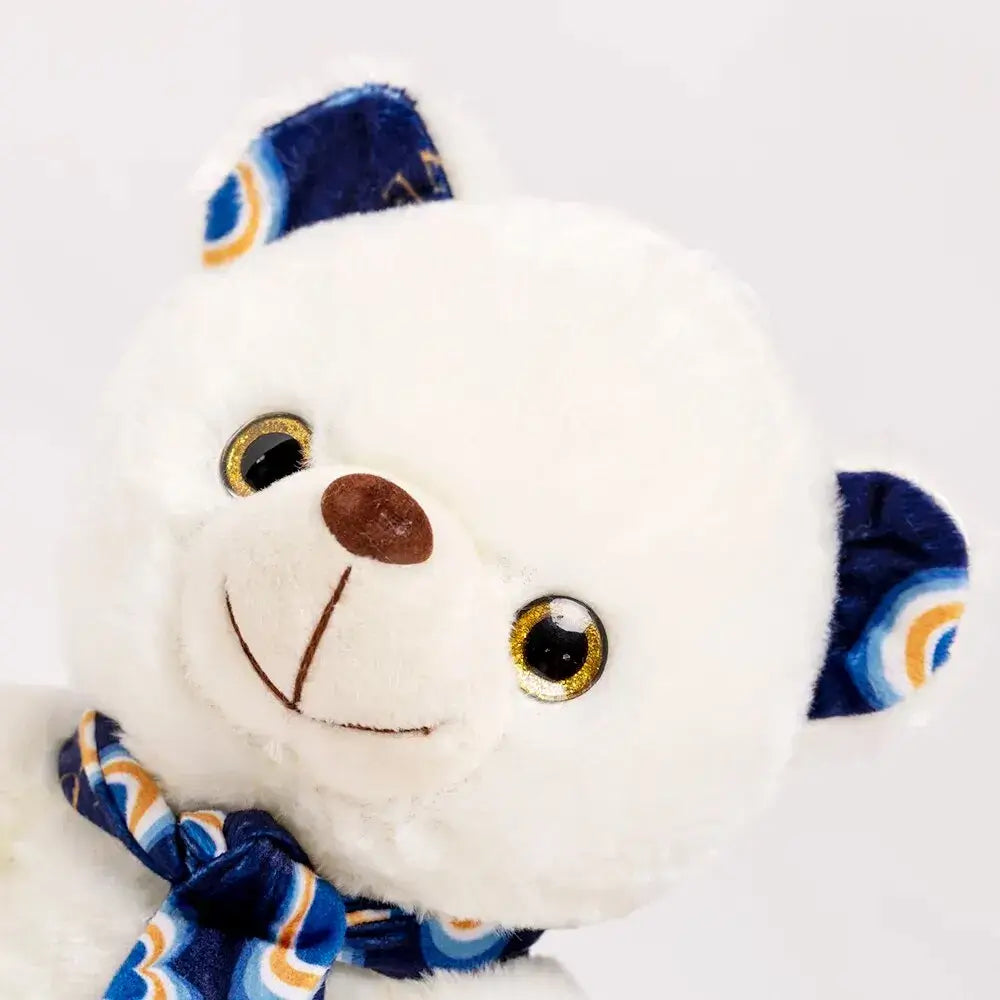 Cute white teddy bear plush with stylish scarf, perfect for cuddling and a great gift for all ages.