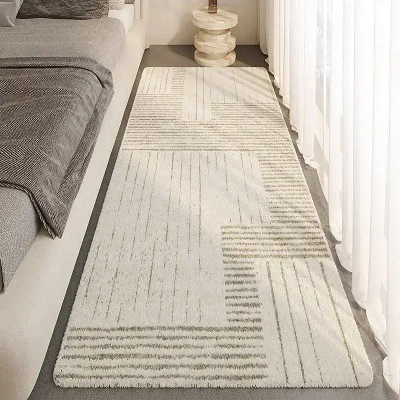 Modern faux cashmere bedside rug with geometric pattern in a cozy bedroom setting, featuring a soft, non-slip design.