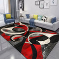 Colorful swirl rug with abstract design enhancing a modern living room decor, adding style and comfort.