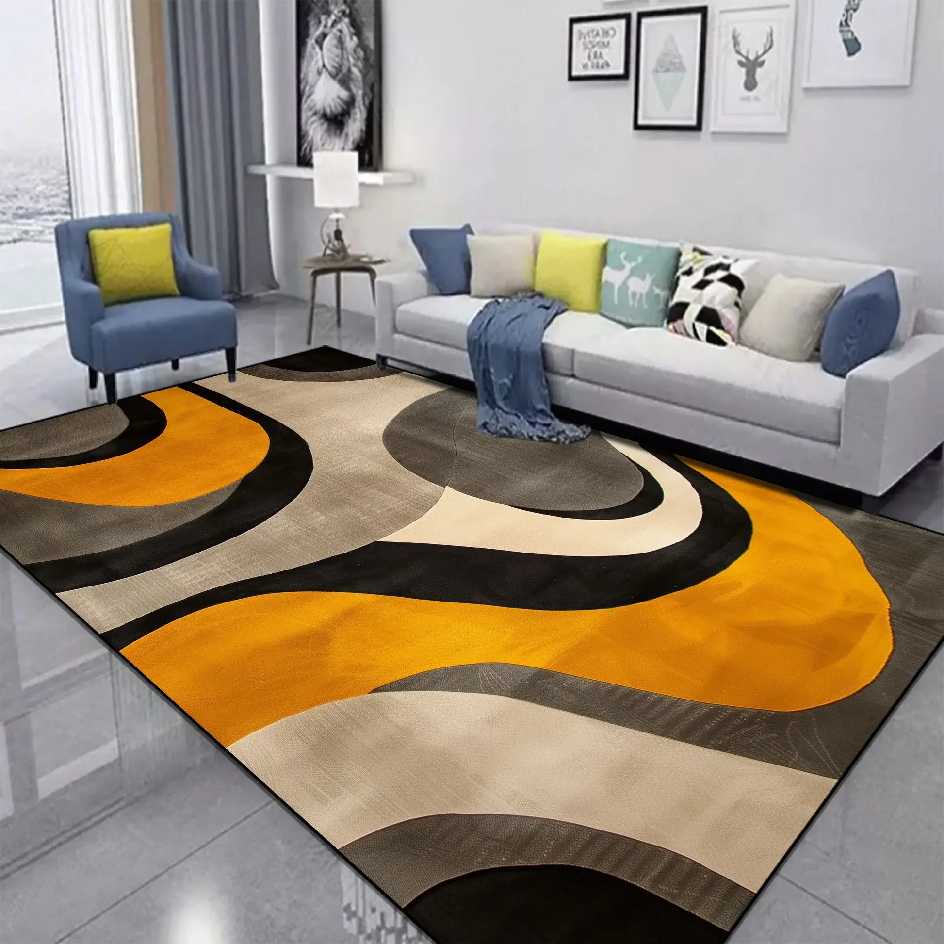 Swirl rug with abstract design in living room, featuring geometric accents and vibrant colors for modern decor.