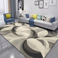 Abstract swirl rug in modern living room, featuring soft flannel material and stylish geometric design.