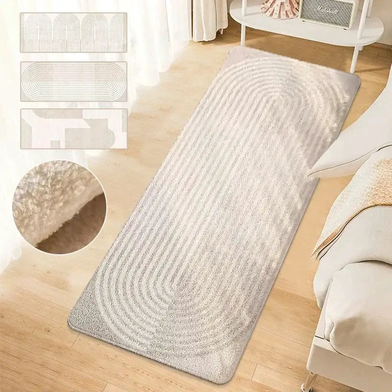 Modern faux cashmere bedside rug with geometric pattern in a cozy bedroom setting, featuring a soft, non-slip design.