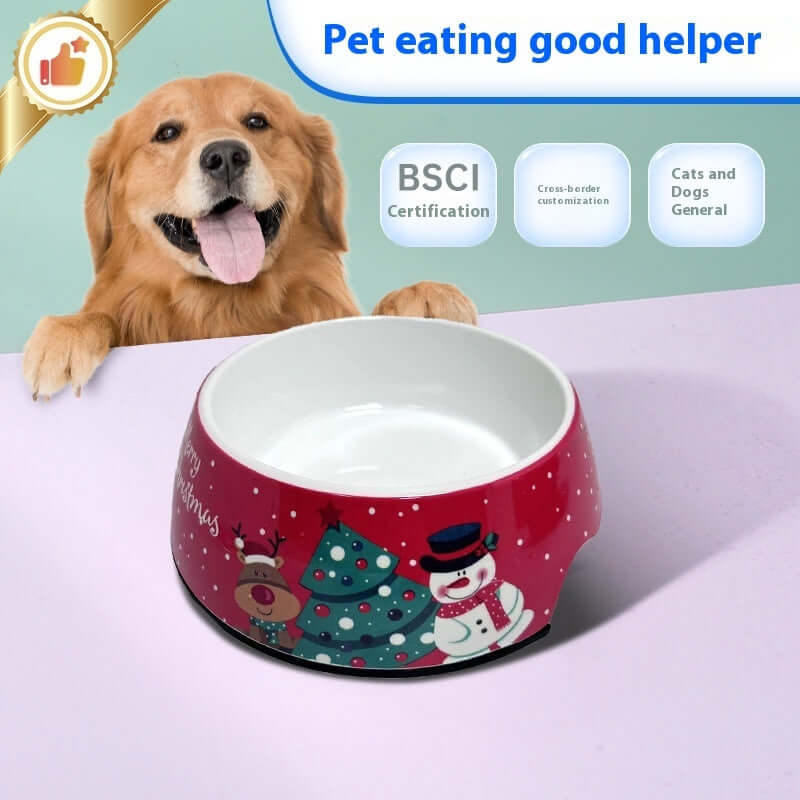 Festive Christmas pet bowl with holiday design, perfect for pets, featuring a snowman and reindeer, durable and available in multiple sizes.